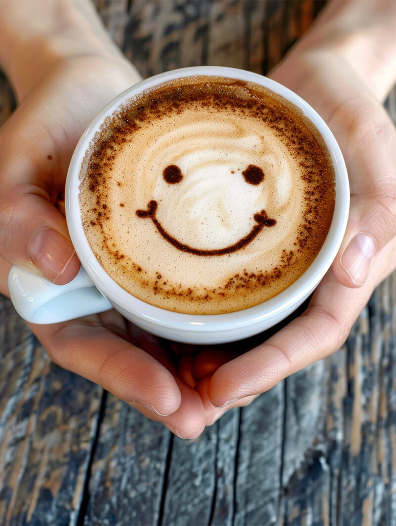 Kaffeetasse mit Lachgesicht, in Händen gehalten