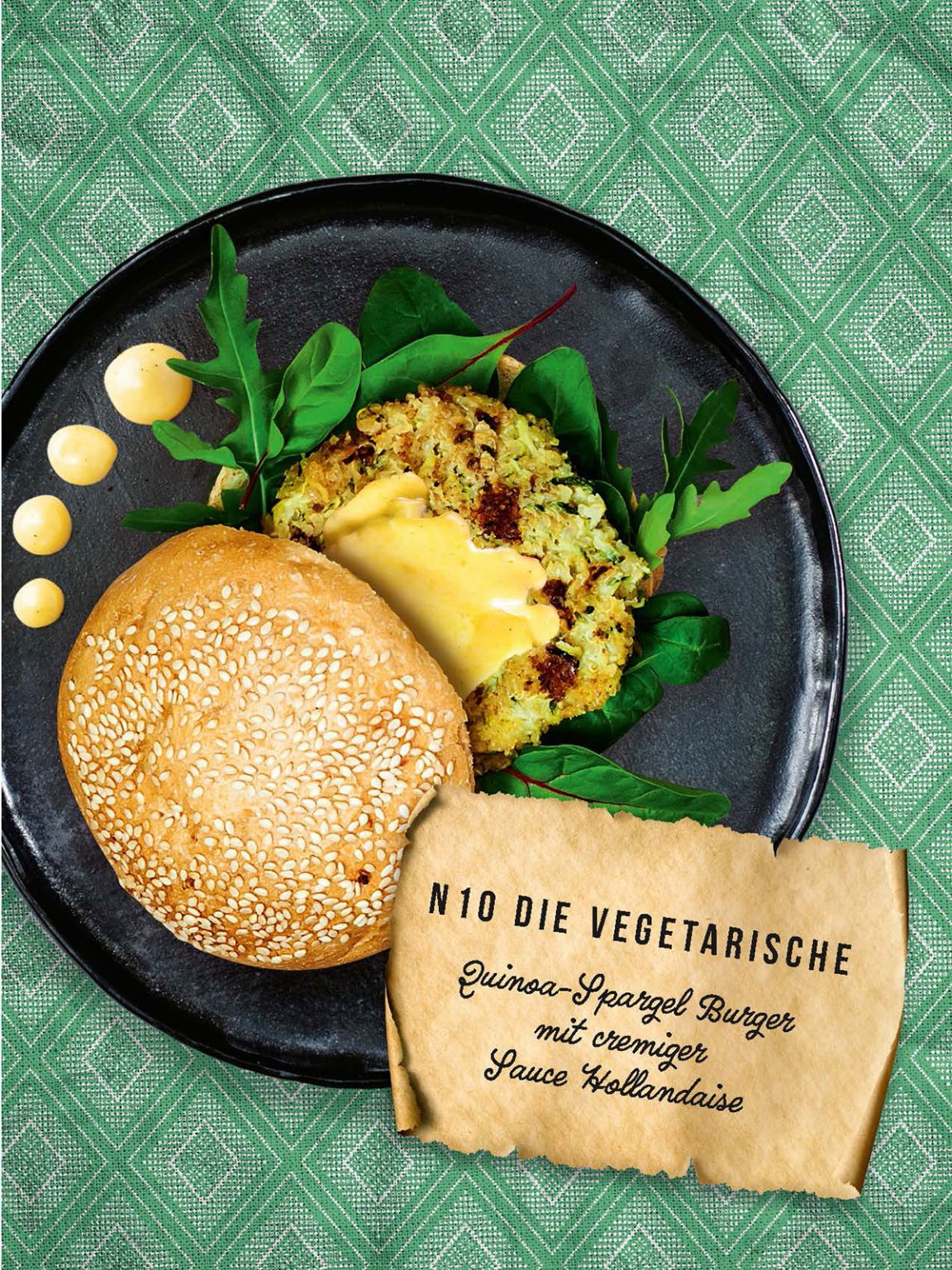 Quinoa-Linsen-Spargel-Burger mit Avocado und Sauce Hollandaise ...