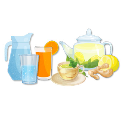 Verschiedene Getränke wie Wasser, Saft und Tee