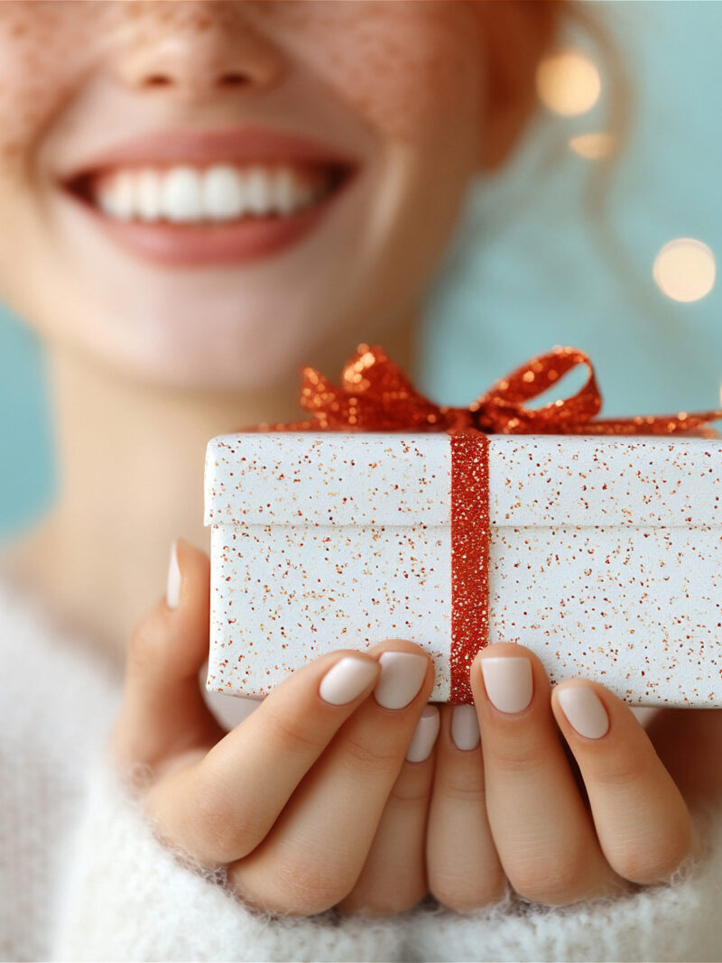 Junge Frau hält ein Geschenk und freut sich