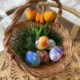 Bedruckte Eier in einem Körbchen mit Kunstgras