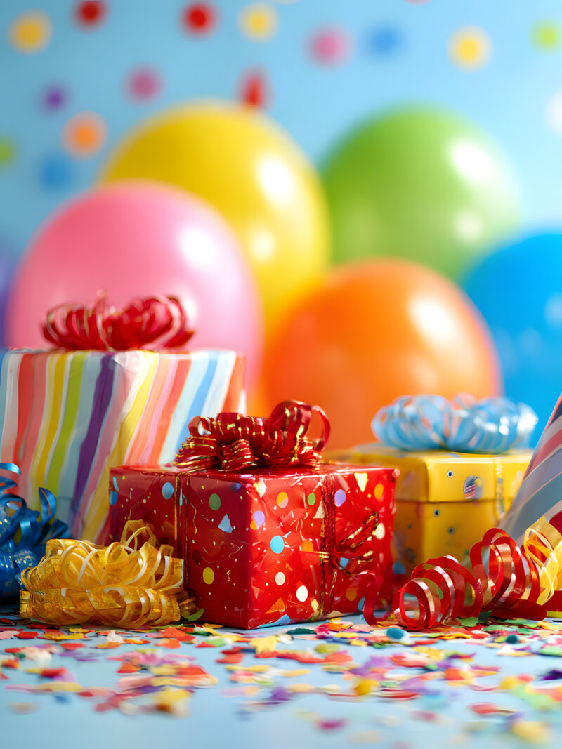 Geschenke, Luftballons, Konfetti