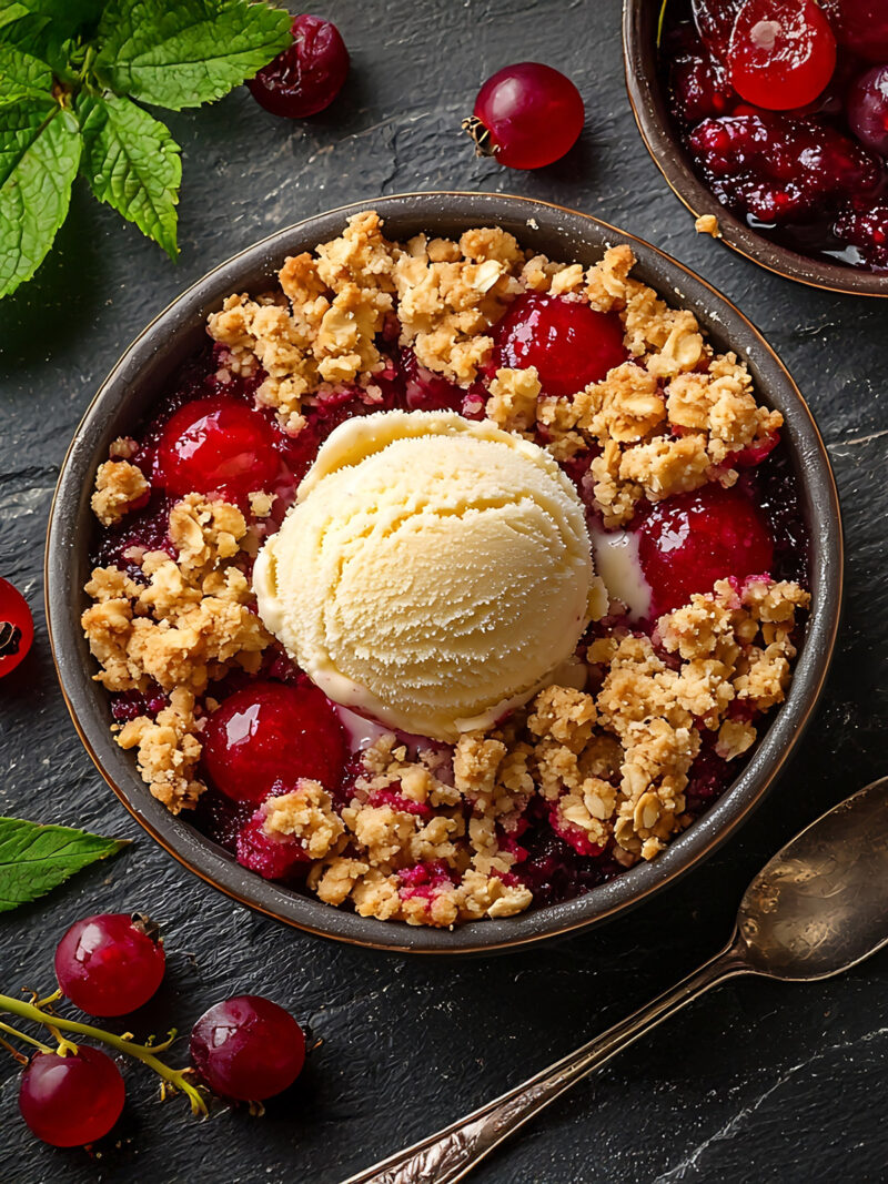 Rote-Grütze-Crumble mit 1 Kugel Vanilleeis
