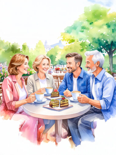 Freunde trinken Kaffee und essen Kuchen
