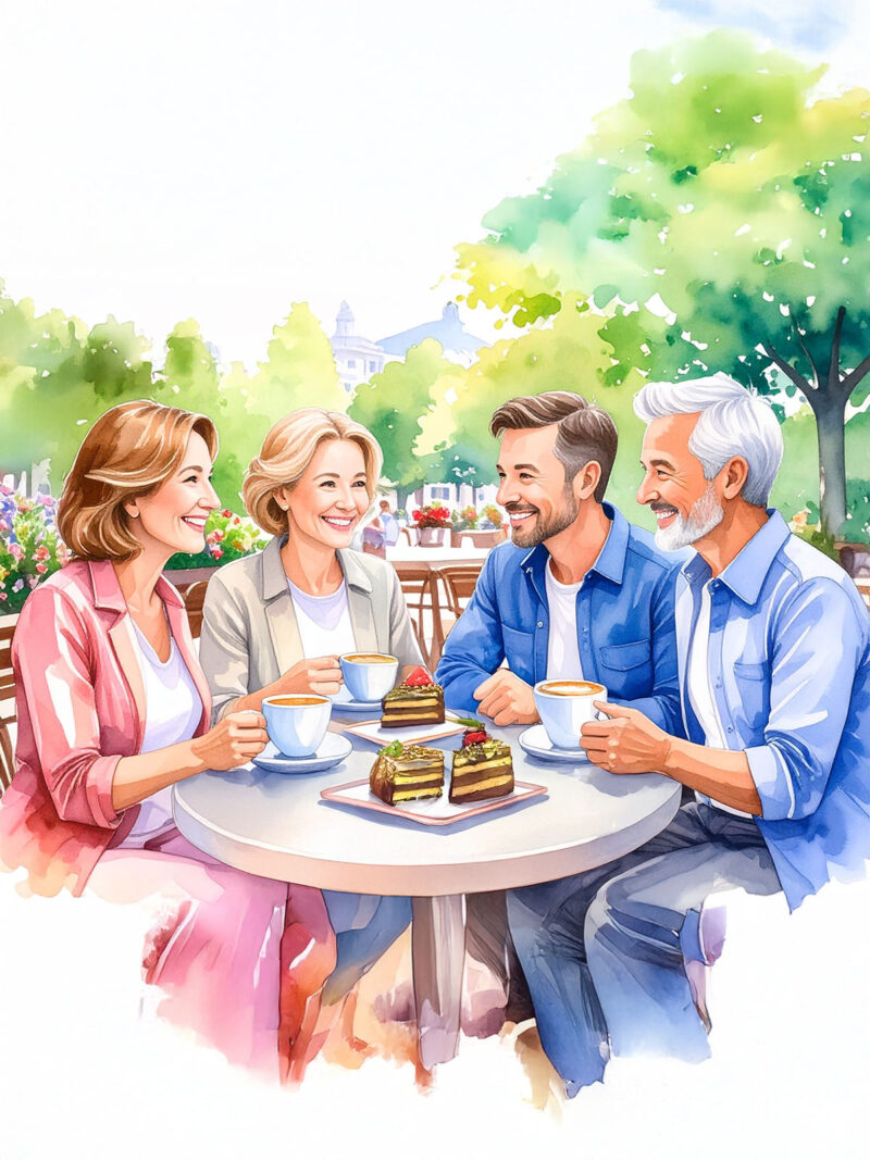 Freunde trinken Kaffee und essen Kuchen