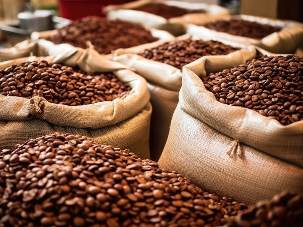 Kaffeesäcke mit Bohnen verschiedener Röstgrade