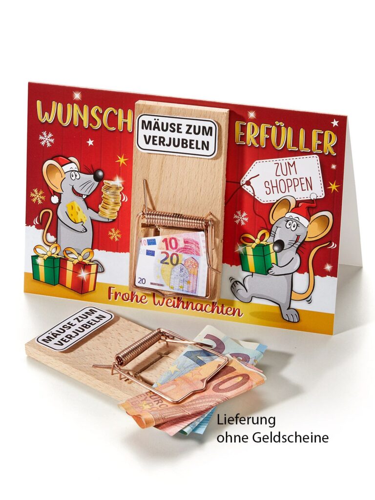 Weihnachtskarte mit Mäusefalle für Geldscheine