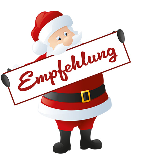 Illustration vom Weihnachtsmann mit einem Schild Empfehlung