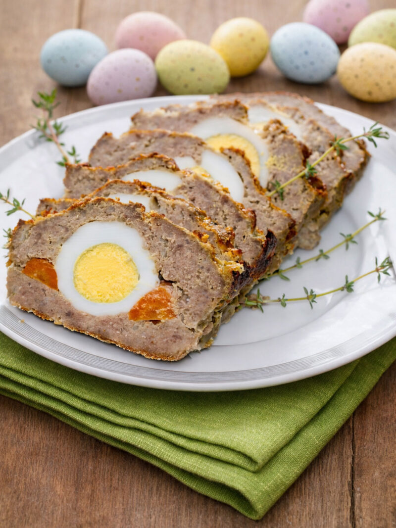 Teller mit Hackbraten, gefüllt mit Ei und Möhre