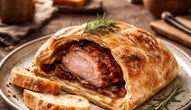 Schäufle im Broteig angeschnitten und angerichtet vor Alpen-Panorama