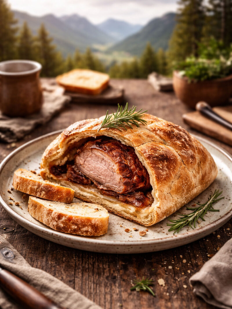 Schäufle im Broteig angeschnitten und angerichtet vor Alpen-Panorama
