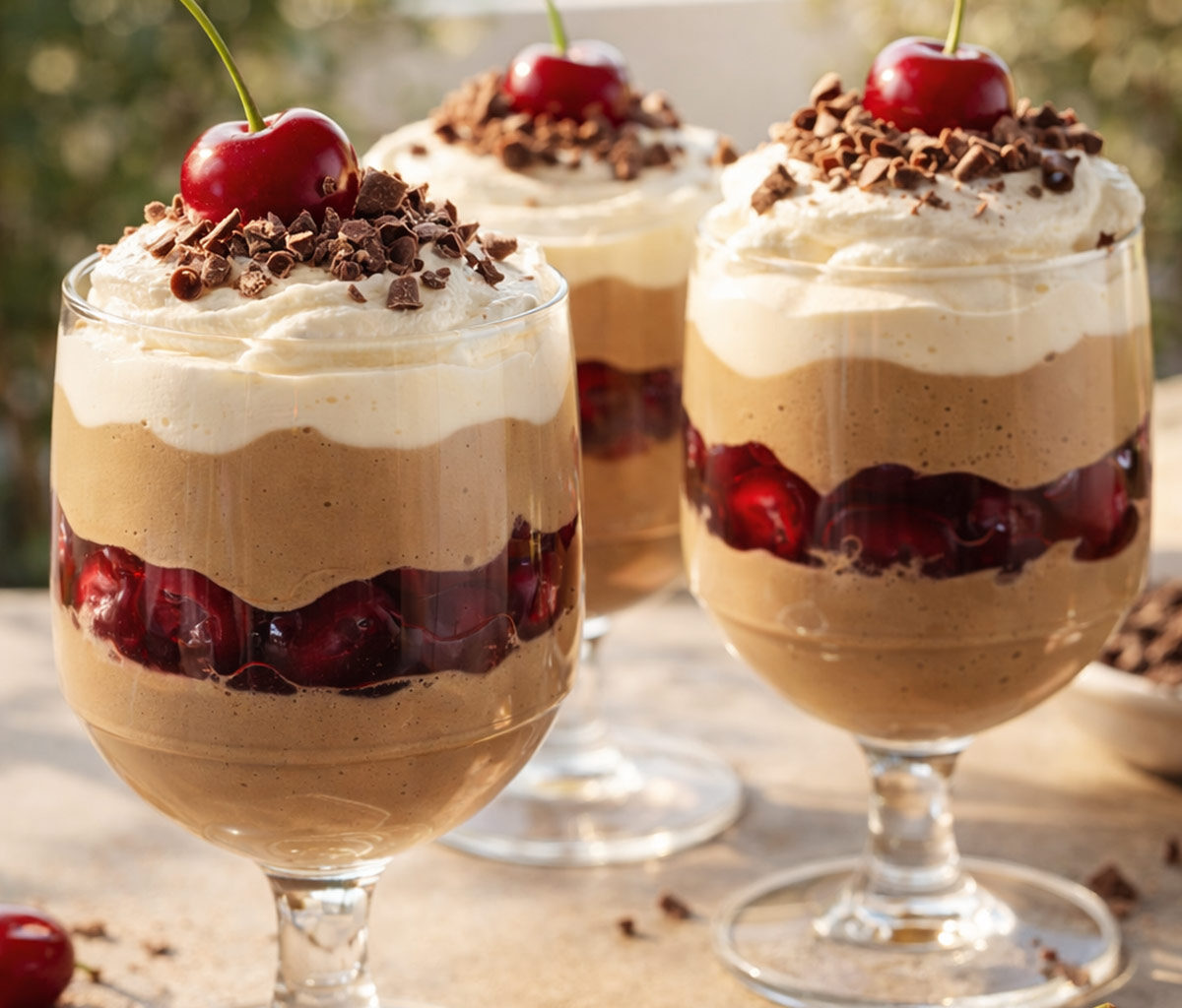 3 Dessert-Gläser mit Kirsch-Kaffeee-Creme