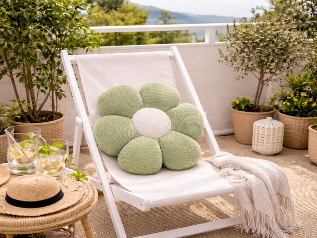 Grünes Blütenkissen im Liegestuhl auf Balkon