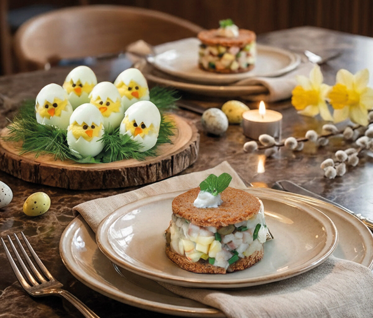Gedeckter Ostertisch mit Tartars und Eiern