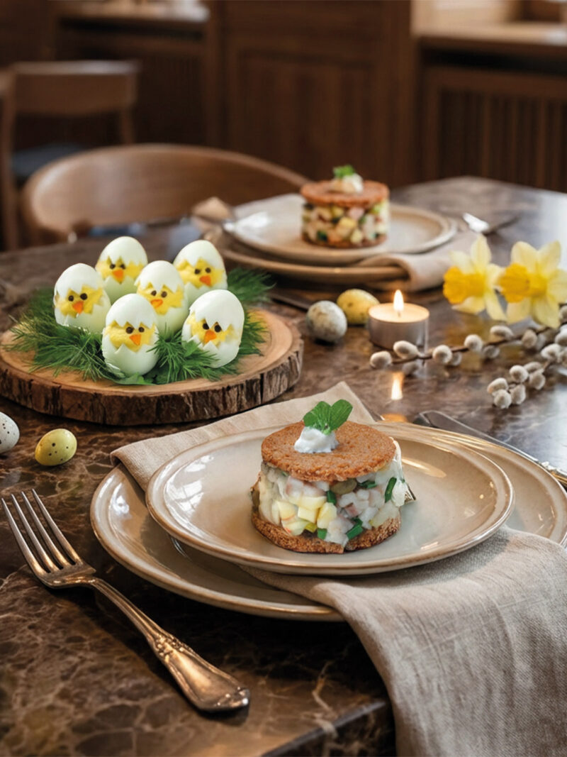 Gedeckter Ostertisch mit Tartars und Eiern