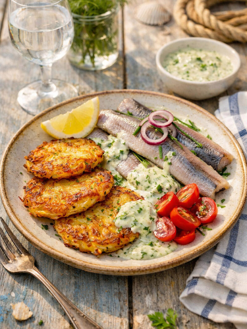 Matjes mit Röstitalern und Kräutersauce angerichtet mit etwas Tomate und Zitrone