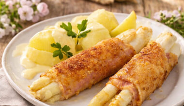 Spargel Cordon Bleu paniert und gebacken auf einem Teller