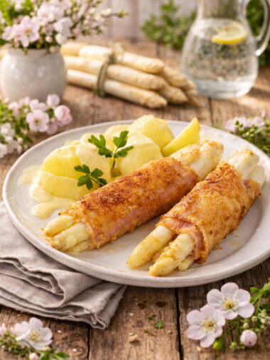 Spargel Cordon Bleu paniert und gebacken auf einem Teller