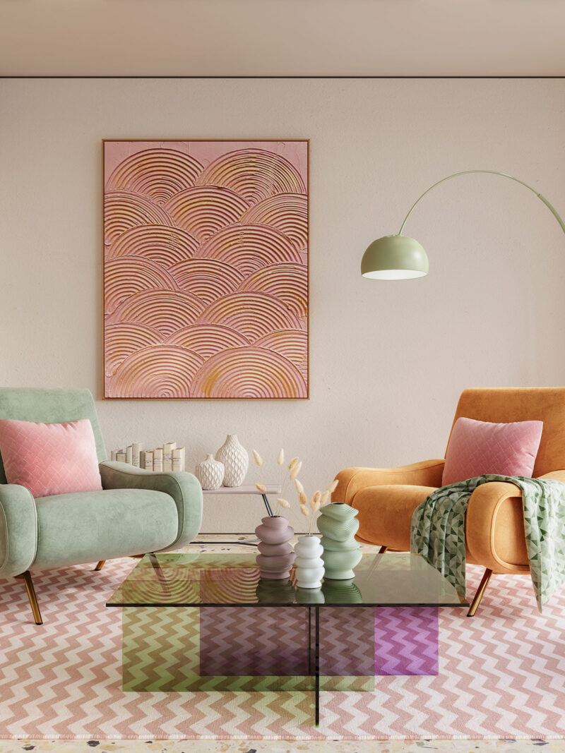 Wohnzimmer mit Sesseln in Pastell-Farben