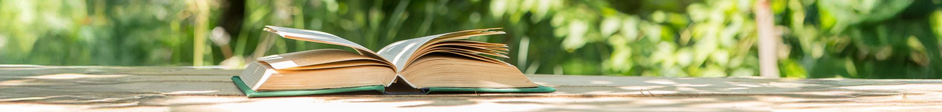 Offenes Buch auf Holztisch, draußen im Garten