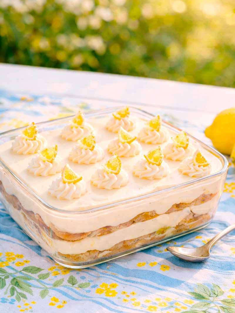 Zitronen-Tiramisu in einer Glas-Auflaufform