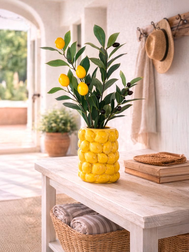 Skulptur-Vase mit Zitronen in Gelb dekoriert auf einem Tisch im Flur