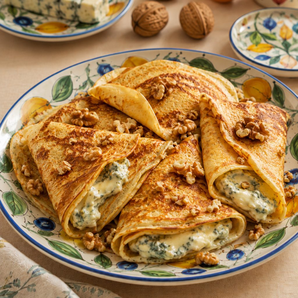 Pfannkuchen, gefüllt mit Nüssen und Käse