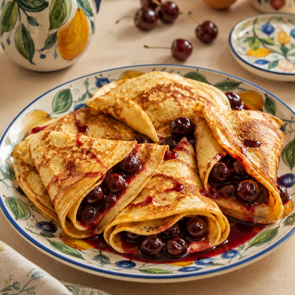 Pfannkuchen, süß gefüllt mit heißen Kirschen