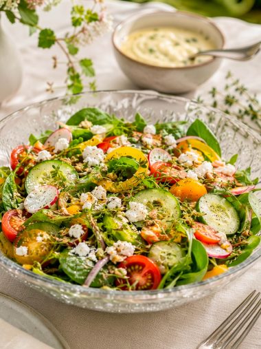 Blattsalat mit Tomate, Feta, Gurke, Zwiebeln, Radieschen und Paprika