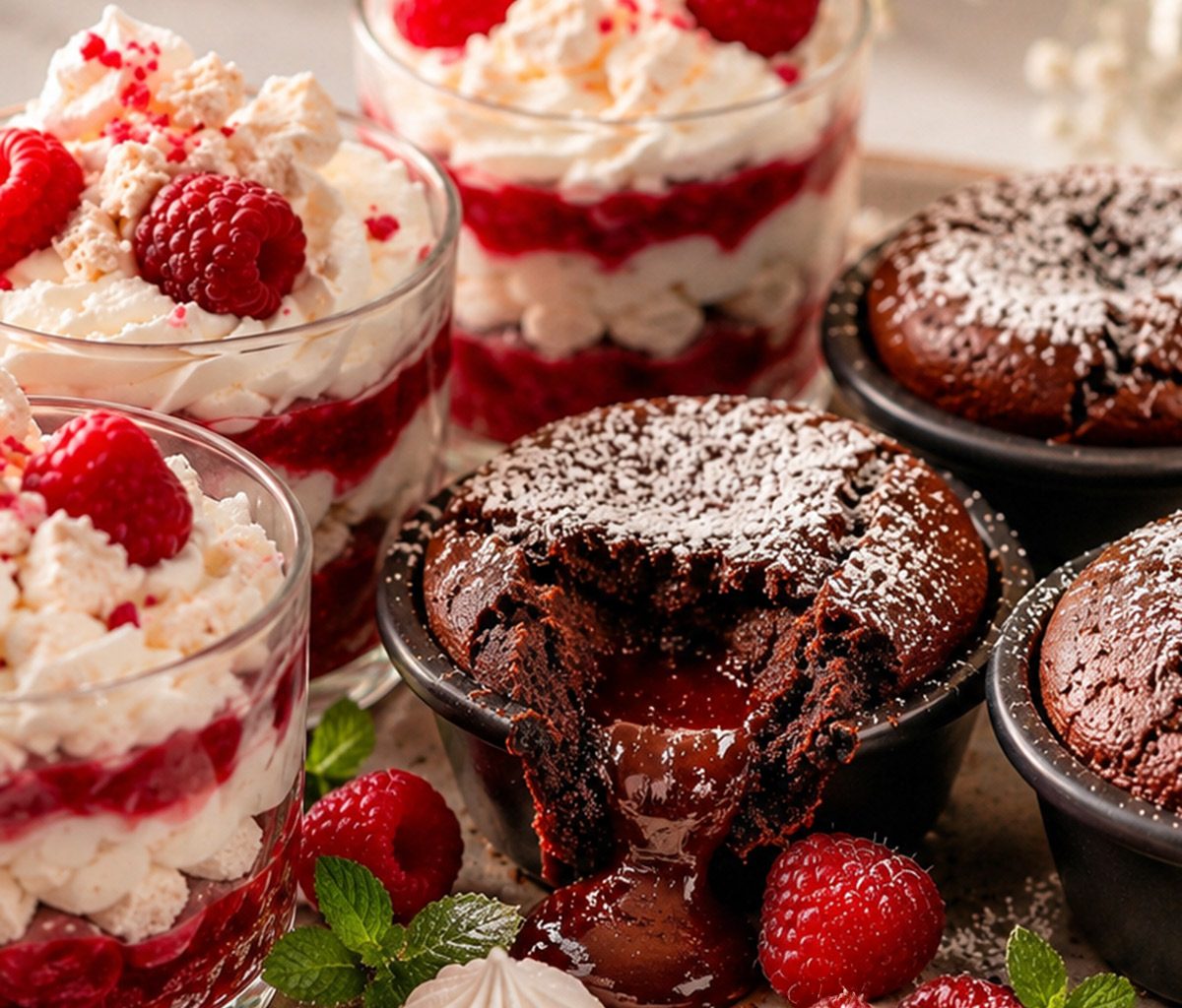 Schokoladiger Lava-Kuchen und Himbeer-Baiser-Dessert auf einem Tablett fein angerichtet