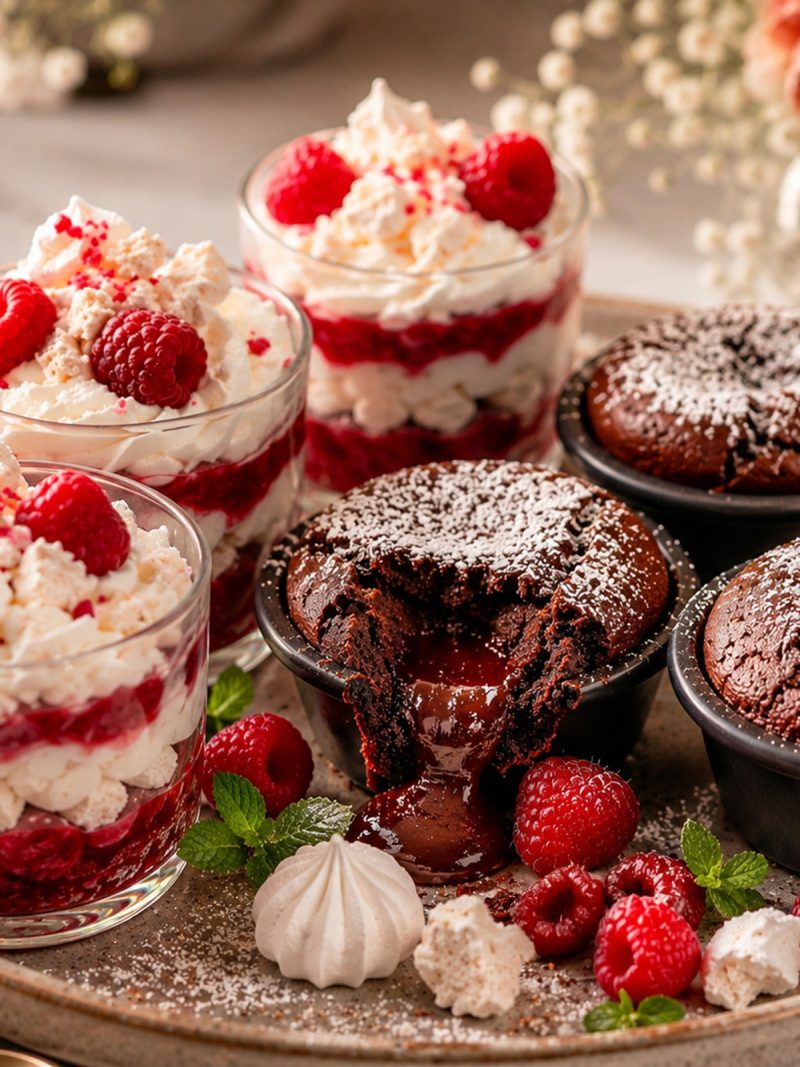 Schokoladiger Lava-Kuchen und Himbeer-Baiser-Dessert auf einem Tablett fein angerichtet