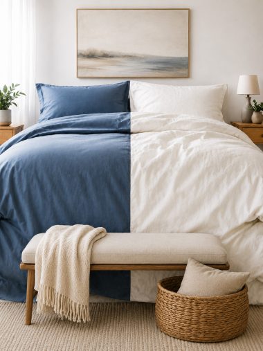 1 Bett mit Olyester- und Baumwoll-Bettwäsche im Vergleich