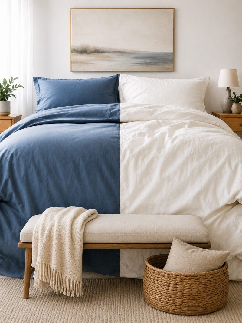 1 Bett mit Olyester- und Baumwoll-Bettwäsche im Vergleich