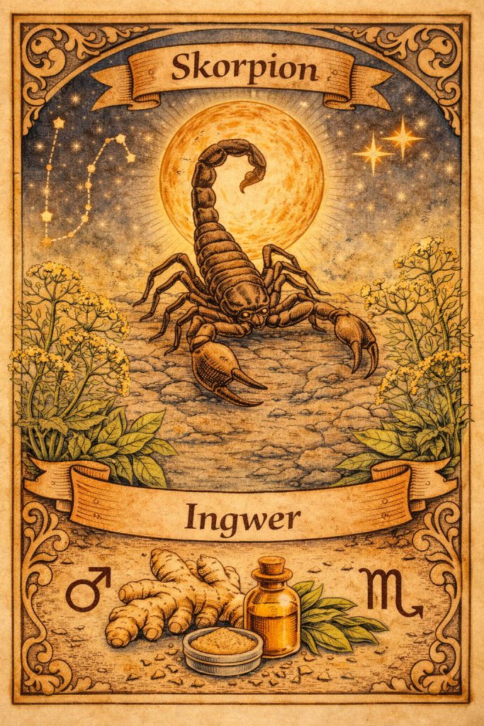 Illustration des Sternzeichen Skorpion und Ingwer