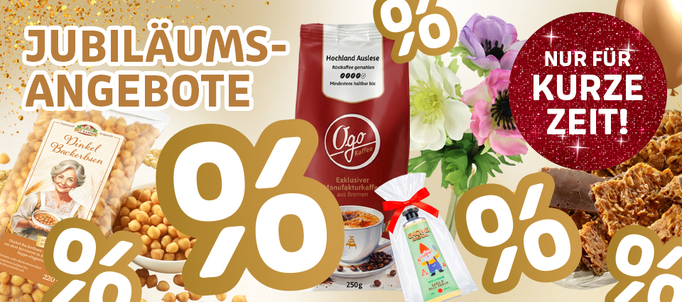 Jubiläumsangebote mit Kaffee, Snacks und Rabattaktion