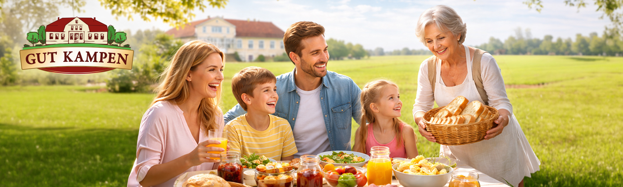 Familie genießt Frühstück im Grünen mit Brot und Säften