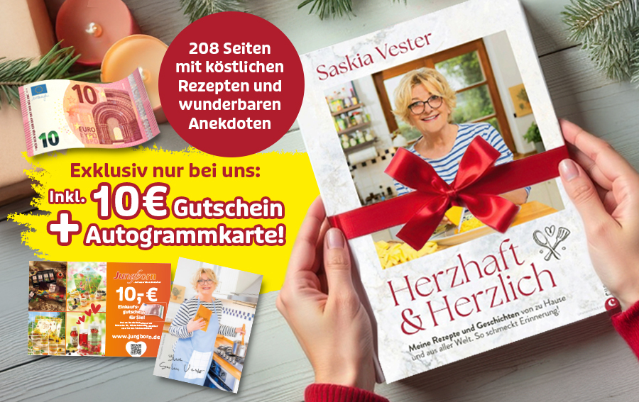 Kochbuch „Herzhaft & Herzlich“ mit 10 € Gutschein und Autogrammkarte