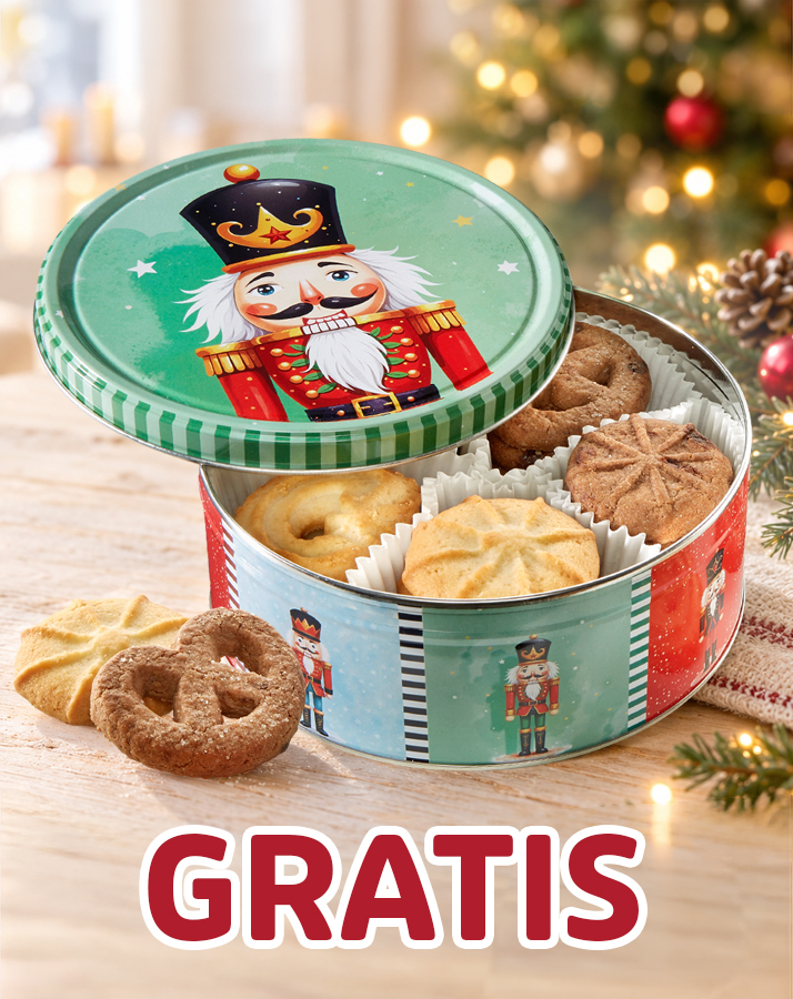 Gratis-Gebäckdose mit Nussknacker-Motiv und verschiedenen Plätzchen