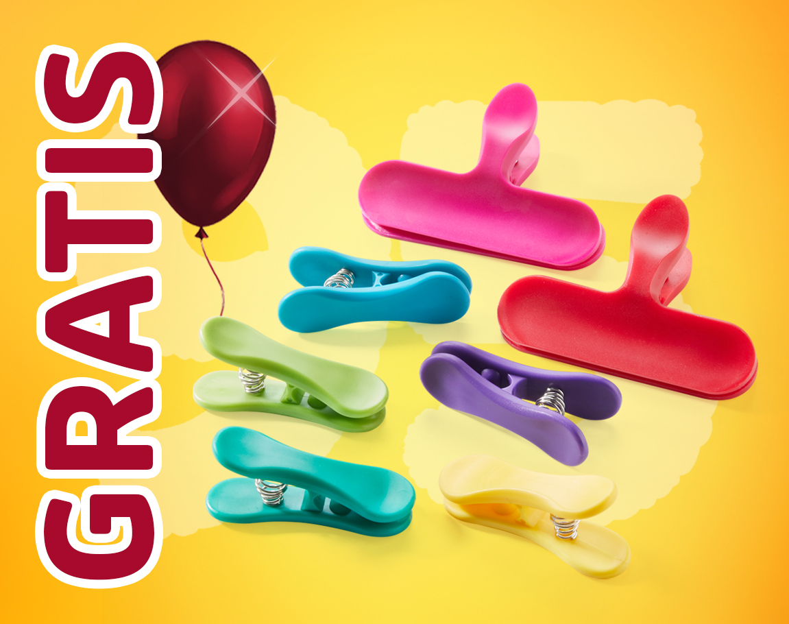 Bunte Verschlussclips als Gratisgeschenk