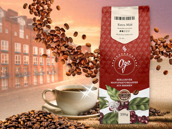 Ogo Kaffee Abo – Exklusiver Manufakturkaffee für Zuhause Ogo Kaffee-Packung mit Tasse, Kaffeebohnen und Stadt im Hintergrund