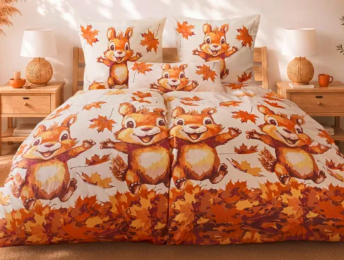 Herbstliche Bettwäsche mit Eichhörnchen und buntem Blätterdesign