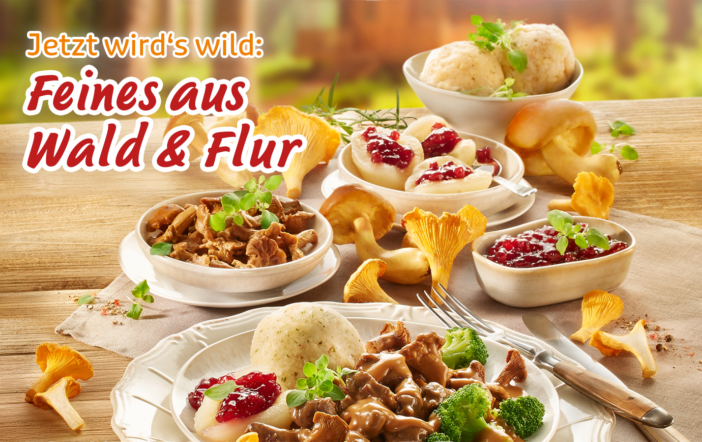 Wildgerichte mit Knödeln, Pilzen und Preiselbeeren