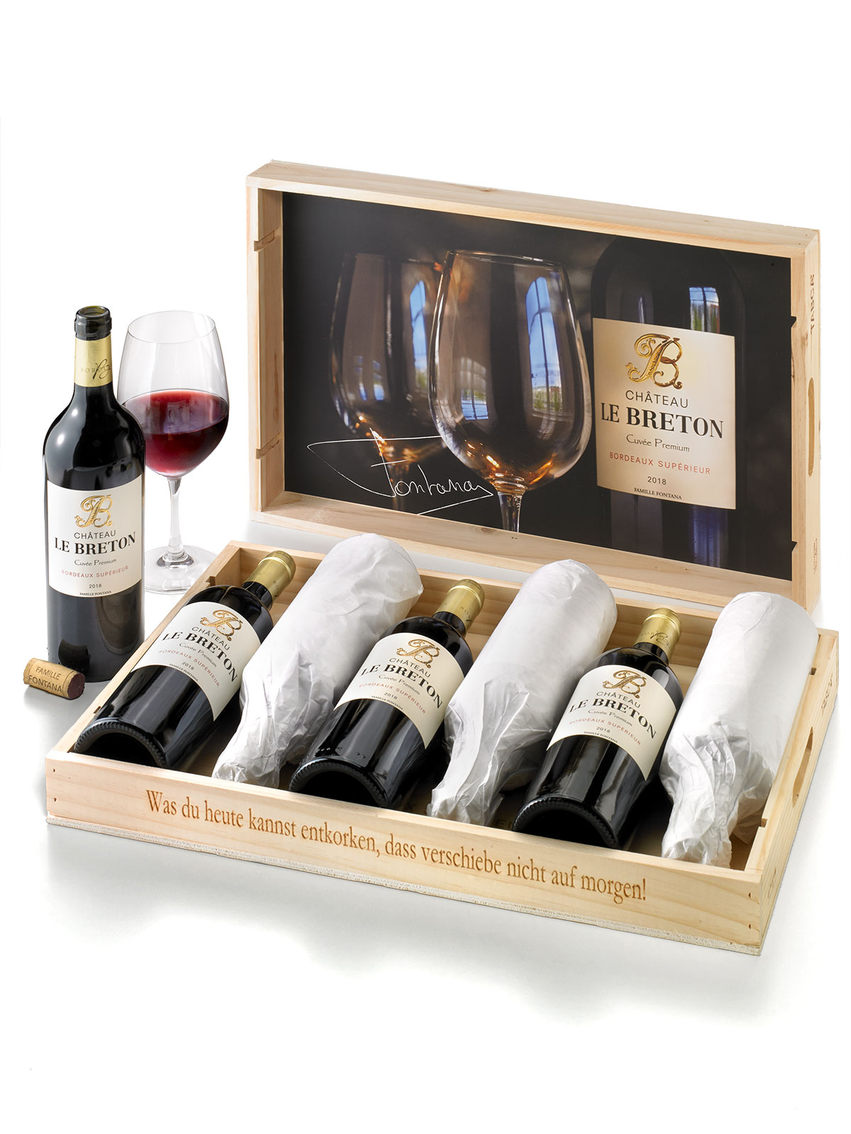 Château Le Breton, Weinpräsent in Holzkiste, Cuvée Premium Bordeaux Supérieur 2018 