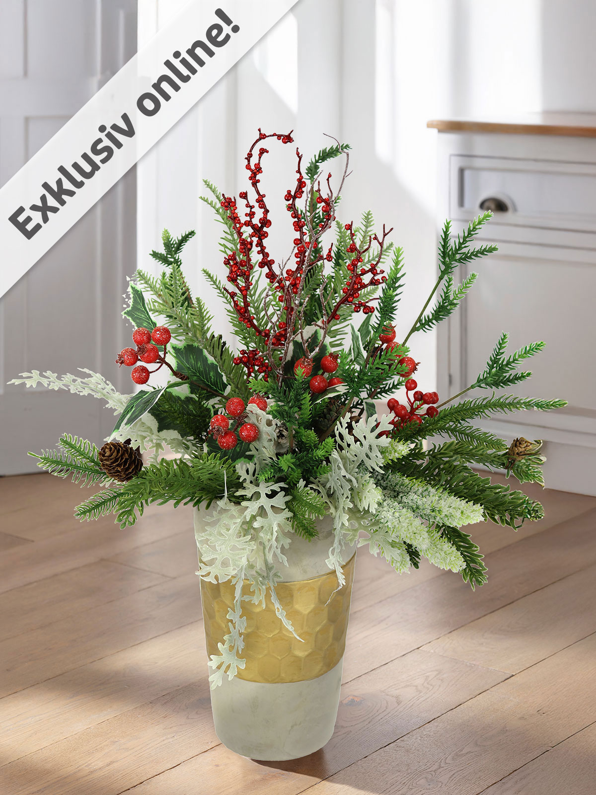 Tannen-Gesteck „Vogelbeere“ in Stil-Vase