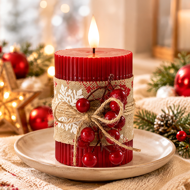 pg	Rote Weihnachtskerze mit Beeren, Schleife, Tannenzapfen und Lichterglanz