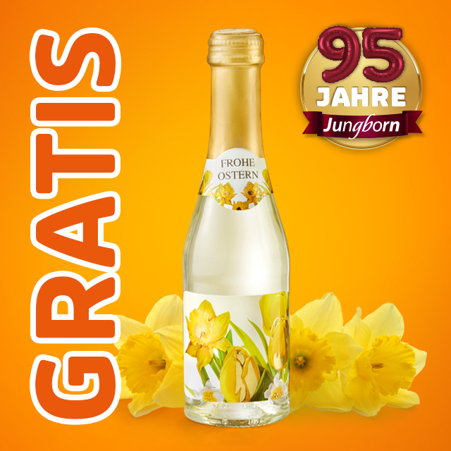 Gratis Ostersekt mit Narzissenmotiv vor orangefarbenem Hintergrund