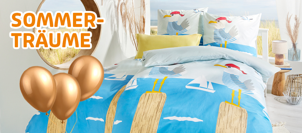 Sommerliche Bettwäsche mit Möwenmotiv im Schlafzimmer
