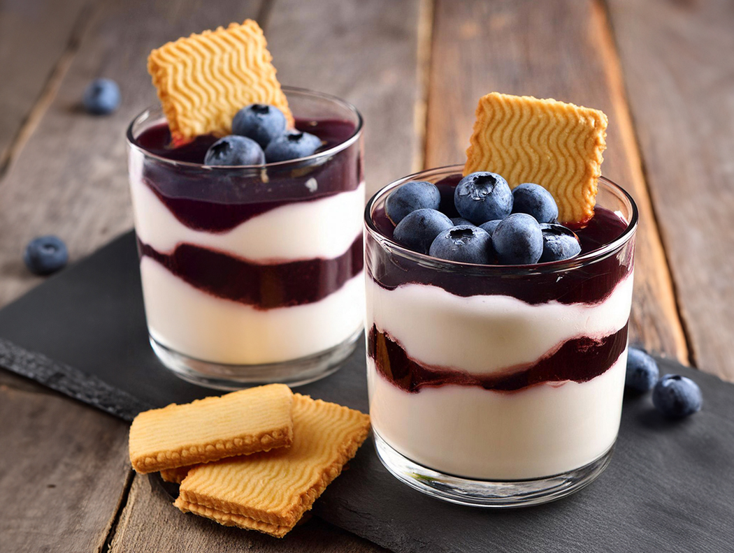 Heidelbeer-Schicht-Dessert im Glas mit Keksen und frischen Heidelbeeren garniert