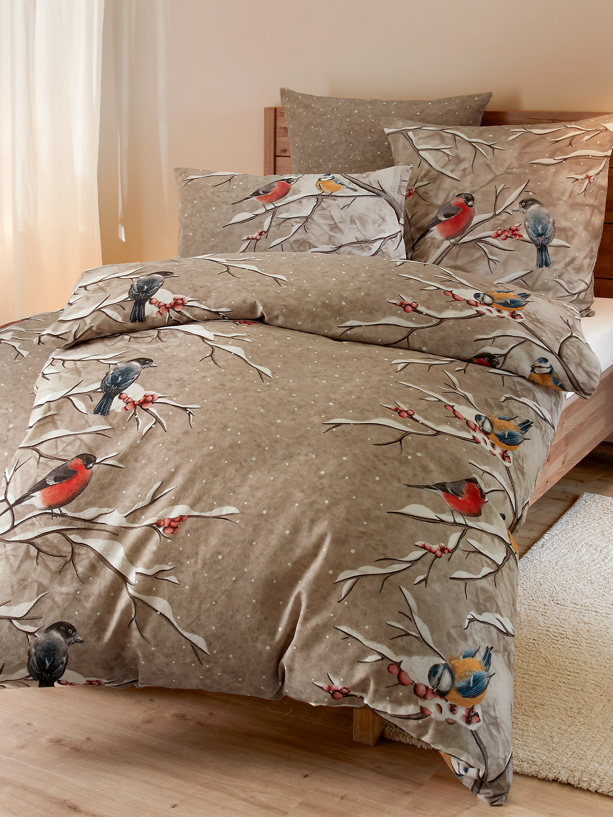 Bettwäsche-Set „Wintervogel“ | natur, Biber | 80x80, 135x200 cm