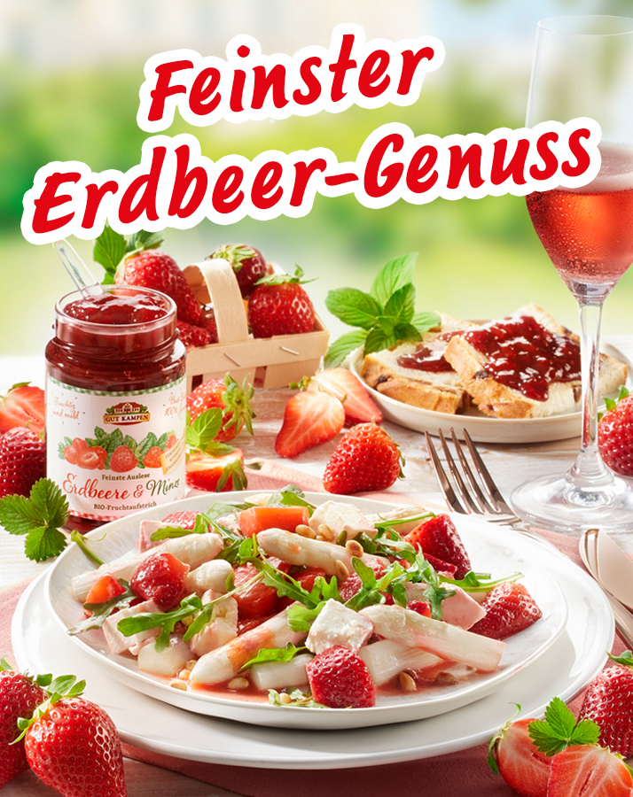 Erdbeeraufstrich mit Salat, Brot und Rosé – sommerlich angerichtet auf Tisch